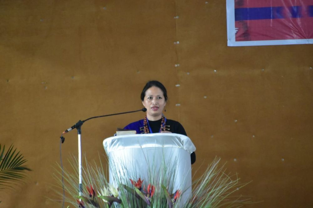 Theme speaker, Dr. Temjenwala Pongen, Administrator, Straightway Christian Mission Centre, Mokokchung. speaking at the 18th general conference of the Ongpangkong Tetsur Mundang at Town Hall, Mokokchung on March 22. (Morung Photo)